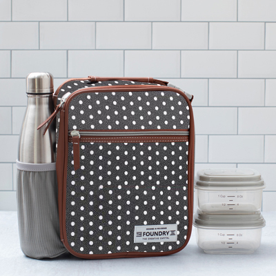 FIT + FRESH<sup>&reg;</sup> Thayer Lunch Bag Kit - Includes an 18oz lightweight, durable Stainless Steel Water Bottle and (2) one cup containers that are freezer, microwave, and dishwasher safe.  This easy to clean, insulated, leakproof and water resistant lunch bag is lined with BPA Free PEVA material allowing food to be kept cool or warm for hours. The front of the bag opens with plenty of space to pack all of your food and snacks. Also, features an exterior water bottle holder and exterior zippered pocket. Measures 8.25" x 4.5" x 11" 