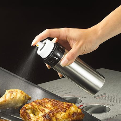 MISTO<sup>&reg;</sup> Aluminum Oil Sprayer - Perfect for low fat/high flavor cooking, grilling, sautéing, roasting and basting. Ideal for spraying olive oil on salads, pasta, veggies, breads, pizza, chicken, beef and fish. Locks in moisture for perfect flavoring. Refill and reuse again and again! 7.75″ high and holds 3.2 ounces.